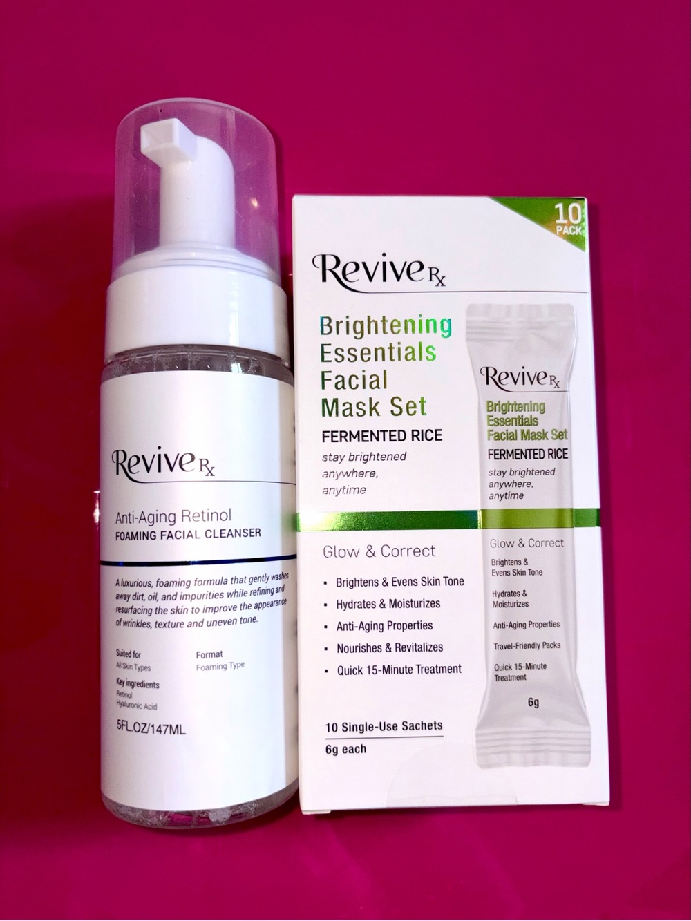 2 PC Revive Rx Bundle: Retinol Foaming Cleanser 5 floz & Rice 10 Pk Mask Set NEW